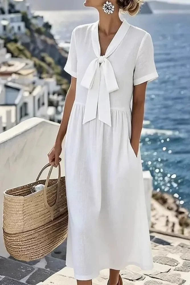 Bow Decor V Neck Solid Dress Short Sleeve | Summer Casual Temperament Women Dress