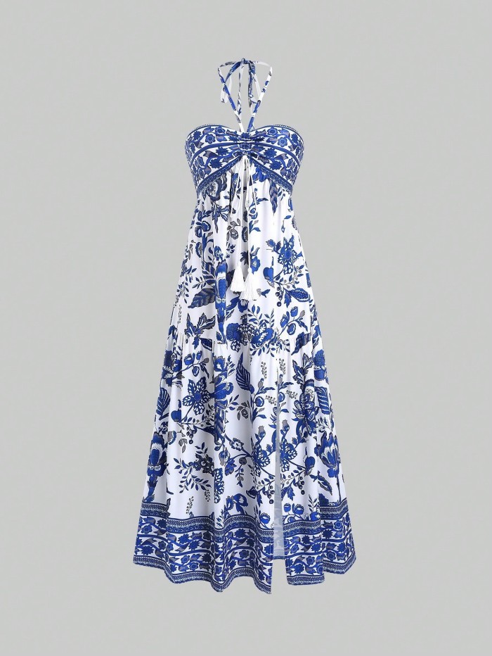 Boho Print Backless Slit Maxi Slip Dress | Beach & Party Women Long Dress