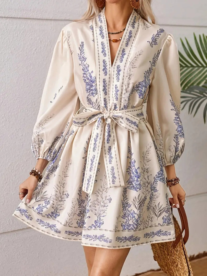 Long Sleeve Floral V Neck Midi Dress Boho Style | Daily & Party Women Dress