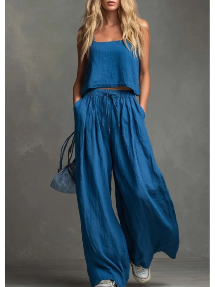 Suspender Top & Lace-Up Pocket Wide Leg Pants Two Piece Set | Summer Women Casual Suit