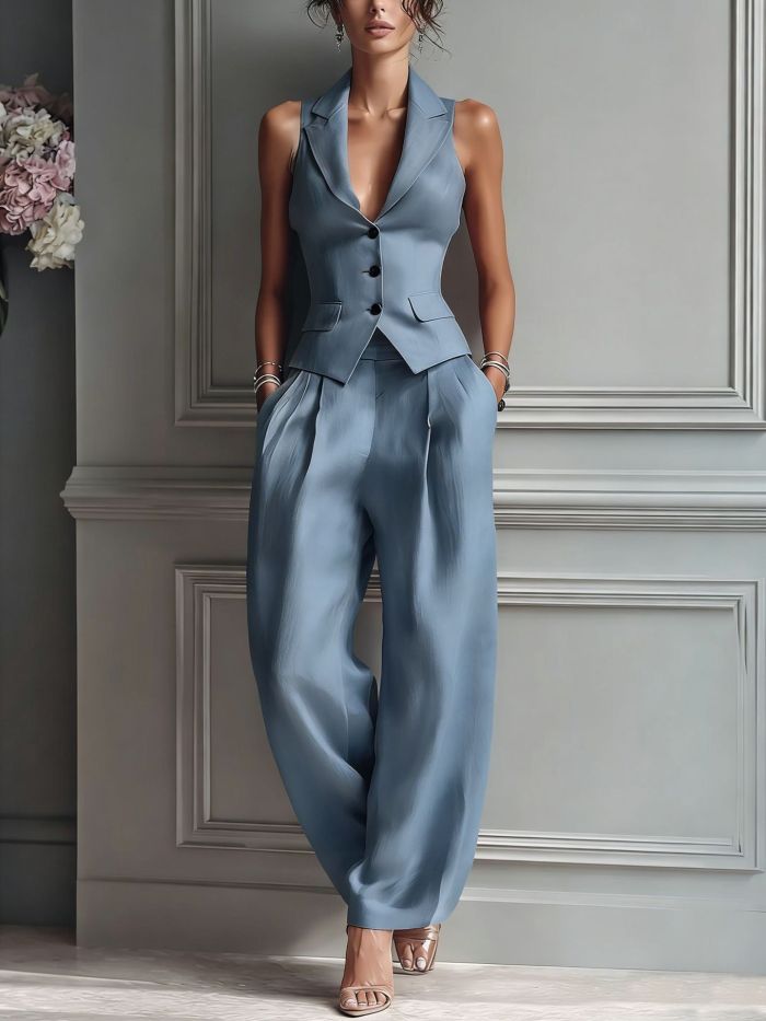 Sleeveless Single Breasted Vest & Trousers Two Piece Suit | Elegant Summer Women Matching Outfit