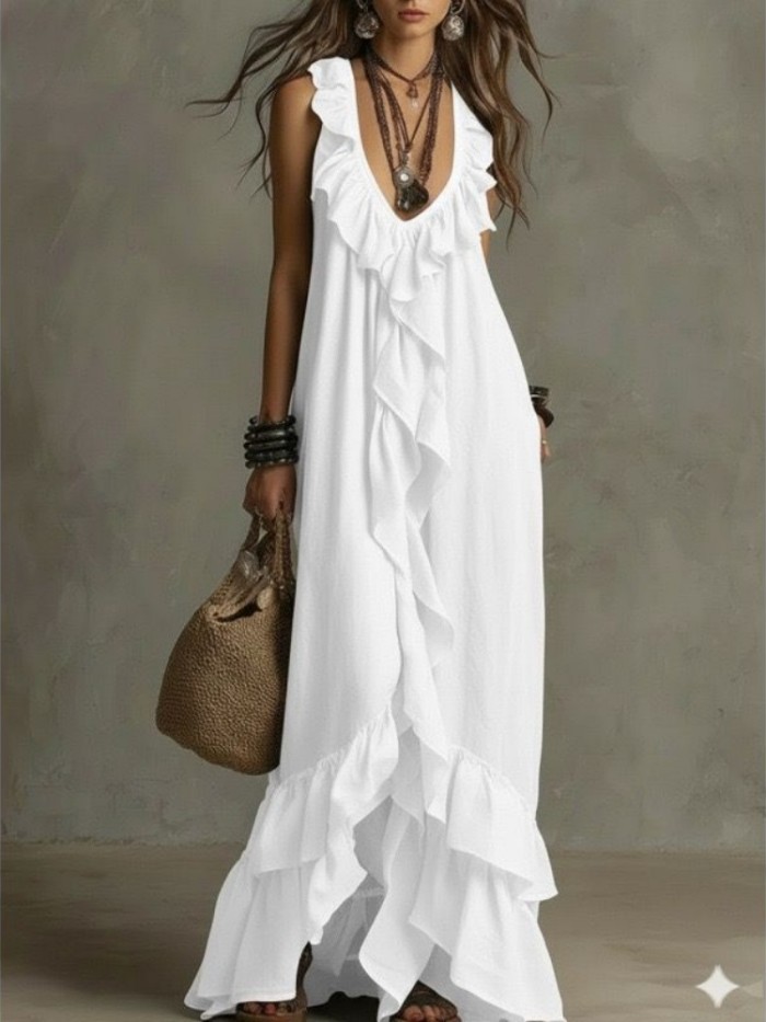 Solid Ruffle Sleeveless Loose Dress | Fashion Summer Women Casual Dress