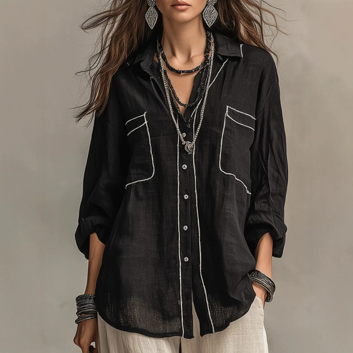 Thin Bright Line Lapel Long Sleeve Oversize Shirt | Vintage Elegant Summer Women Basic Top