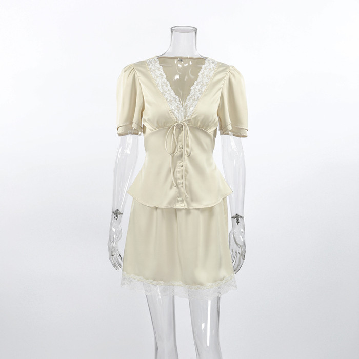 Lace Patchwork V Neck Top & Mini Skirt Two Piece Set | Spring Summer Women Casual Outfit