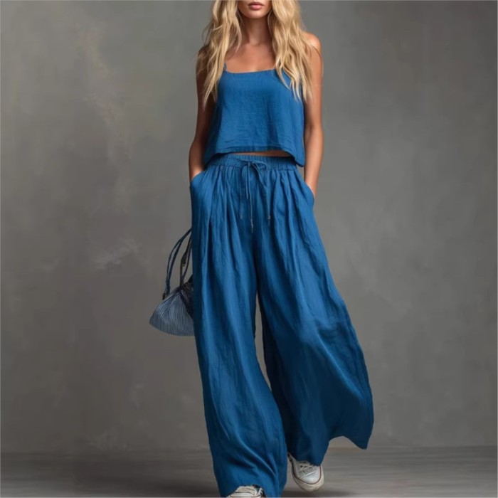 Suspender Top & Lace-Up Pocket Wide Leg Pants Two Piece Set | Summer Women Casual Suit