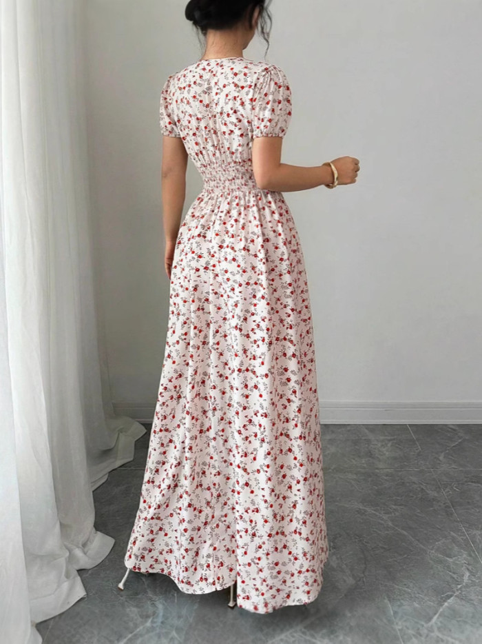 Floral Print V Neck Short Sleeve High Waist Pleated A-Line Swing Dress | Elegant Party Women Dress