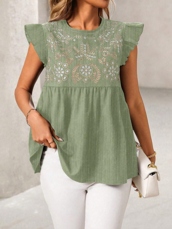 O Neck Embroidery Jacquard Solid Shirt | Elegant Casual Vacation Women Summer Top