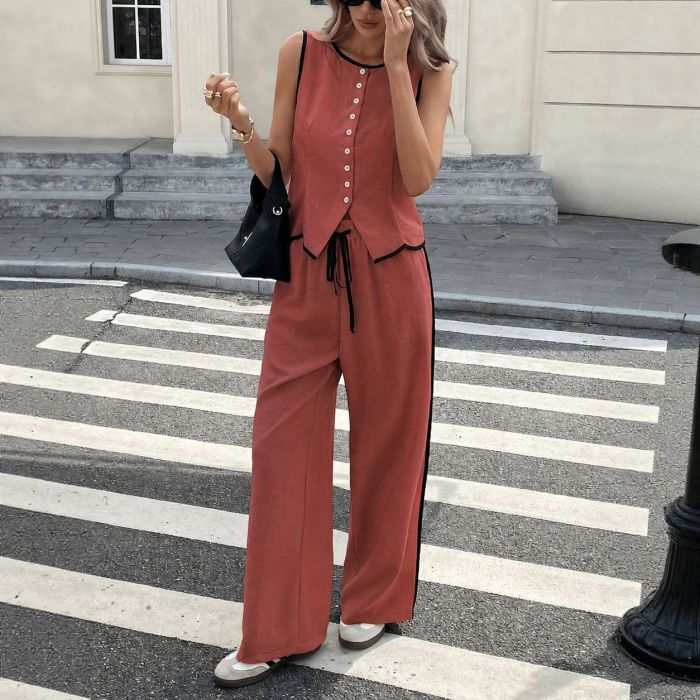 Solid Sleeveless V Neck Vest & High Waist Loose Pants Two Piece Set | Office & Street Summer Women Outfit