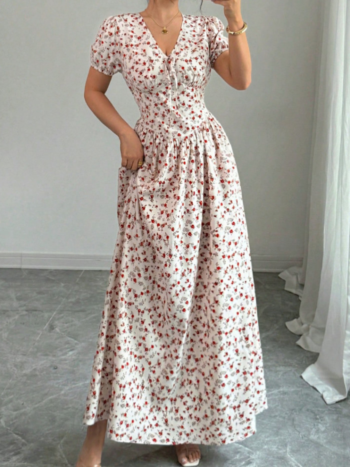 Floral Print V Neck Short Sleeve High Waist Pleated A-Line Swing Dress | Elegant Party Women Dress