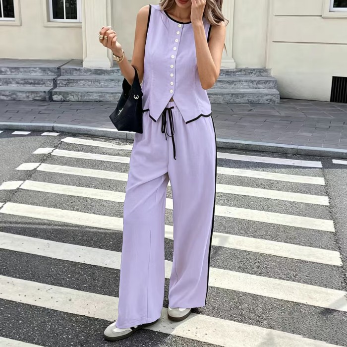 Solid Sleeveless V Neck Vest & High Waist Loose Pants Two Piece Set | Office & Street Summer Women Outfit