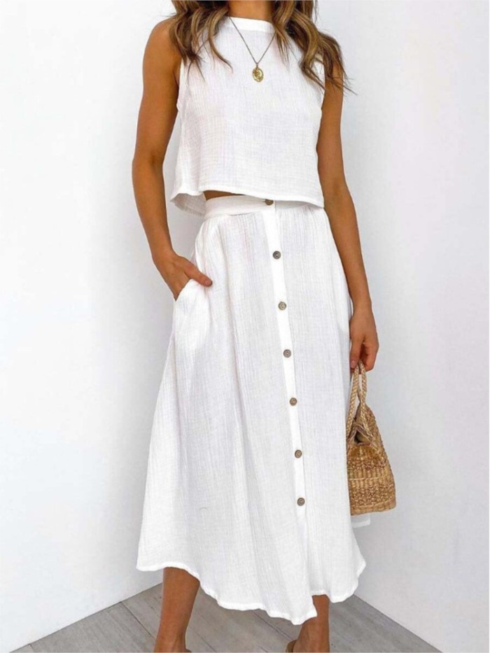 O-Neck Vest & Single-Breasted Midi Skirt Two Piece Set | Elegant Double-Layer Women Outfit