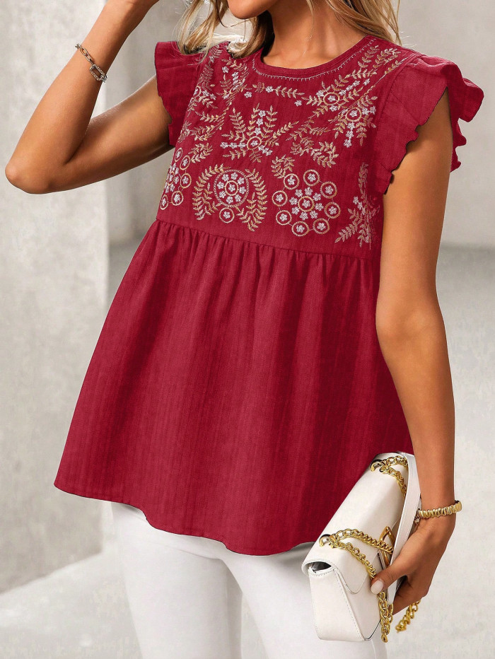 O Neck Embroidery Jacquard Solid Shirt | Elegant Casual Vacation Women Summer Top