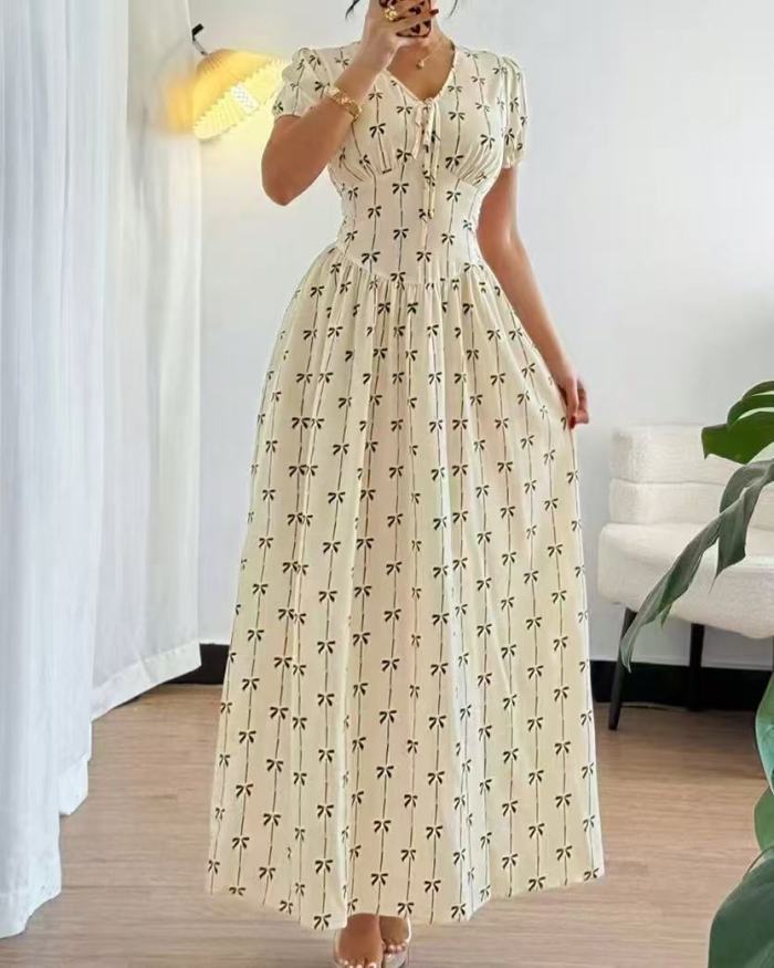 Floral Print V Neck Short Sleeve High Waist Pleated A-Line Swing Dress | Elegant Party Women Dress