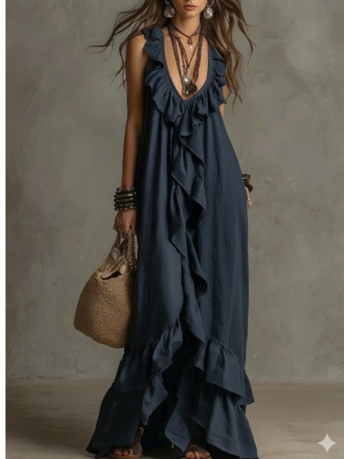 Solid Ruffle Sleeveless Loose Dress | Fashion Summer Women Casual Dress