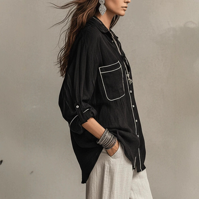 Thin Bright Line Lapel Long Sleeve Oversize Shirt | Vintage Elegant Summer Women Basic Top
