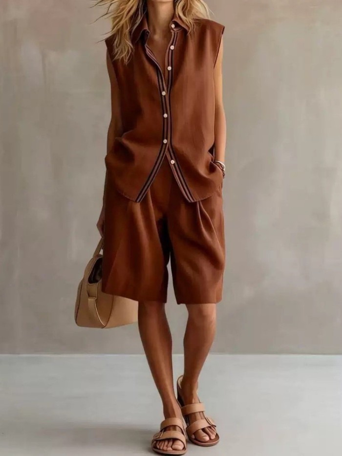Color Block Lapel Sleeveless Linen Top & Shorts Two Piece Set | Summer Office Casual Women Outfit