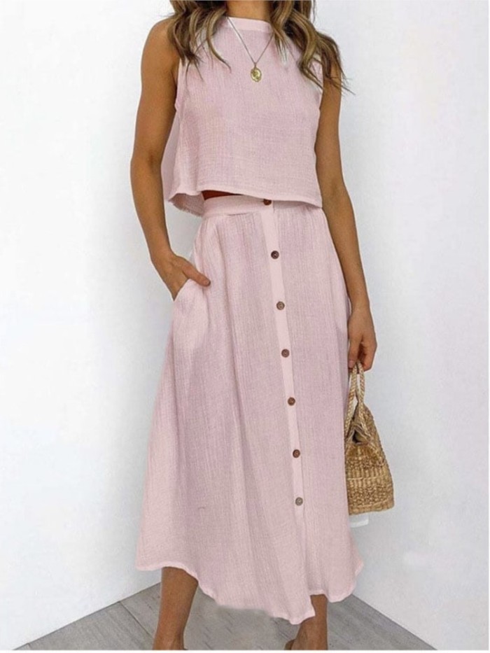 O-Neck Vest & Single-Breasted Midi Skirt Two Piece Set | Elegant Double-Layer Women Outfit