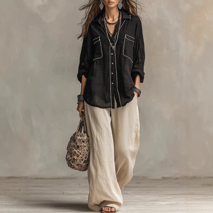Thin Bright Line Lapel Long Sleeve Oversize Shirt | Vintage Elegant Summer Women Basic Top