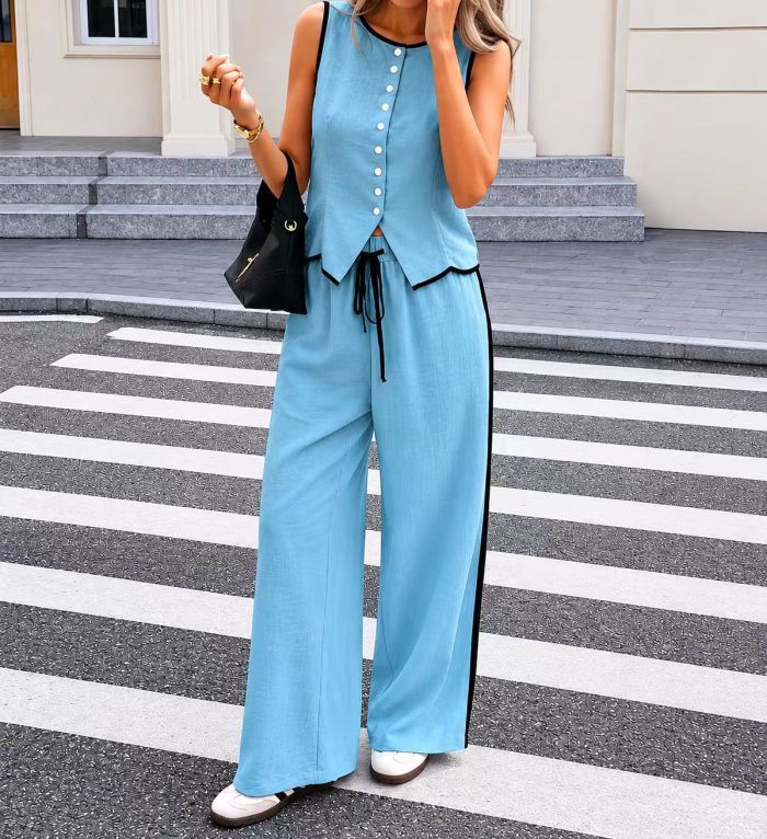 Solid Sleeveless V Neck Vest & High Waist Loose Pants Two Piece Set | Office & Street Summer Women Outfit