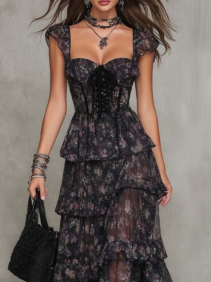 Gothic Floral Tiered Chiffon Maxi Dress With Corset Waist