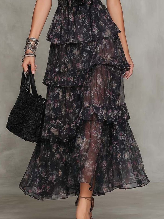 Gothic Floral Tiered Chiffon Maxi Dress With Corset Waist