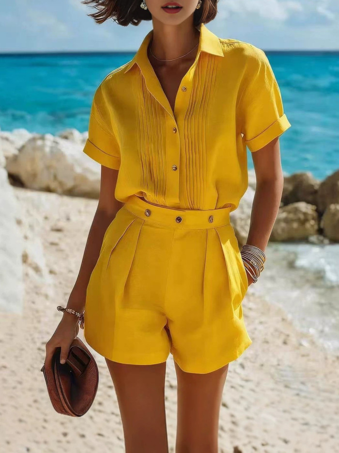 V-neck Lapel Pleated Shirt & Casual Shorts Two Piece Set | Loose High Street Summer Women Daily Outfit