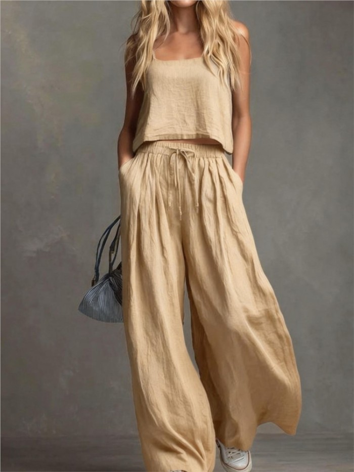 Suspender Top & Lace-Up Pocket Wide Leg Pants Two Piece Set | Summer Women Casual Suit