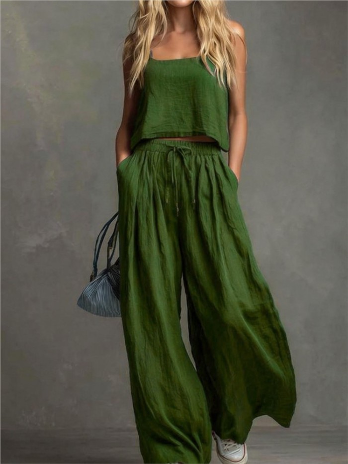 Suspender Top & Lace-Up Pocket Wide Leg Pants Two Piece Set | Summer Women Casual Suit