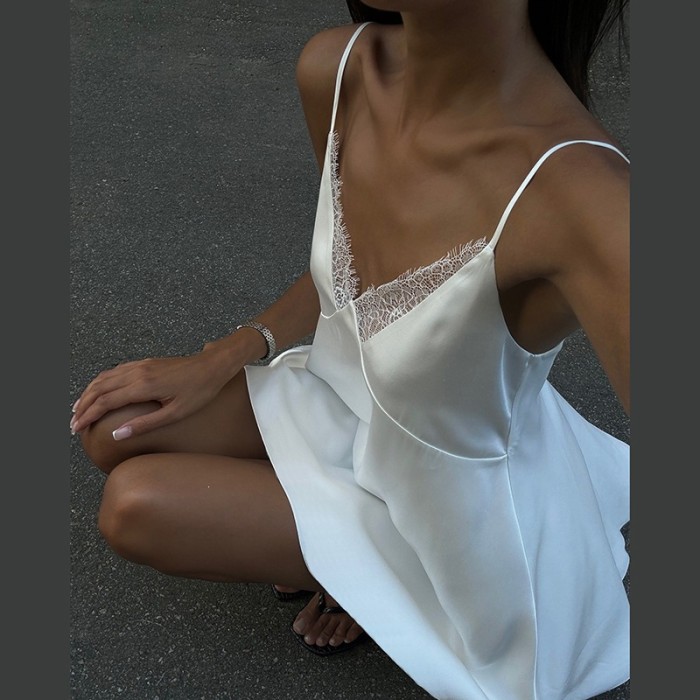 Solid Satin Lace Spliced Backless Spaghetti Strap Dress | Sexy Summer Women Dress