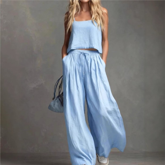 Suspender Top & Lace-Up Pocket Wide Leg Pants Two Piece Set | Summer Women Casual Suit