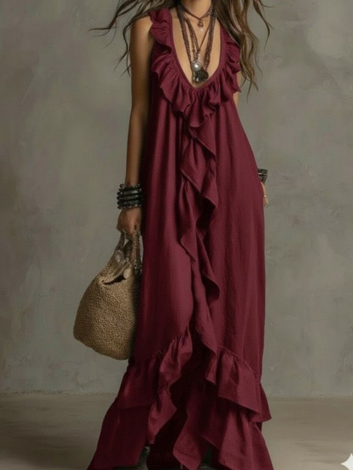 Solid Ruffle Sleeveless Loose Dress | Fashion Summer Women Casual Dress