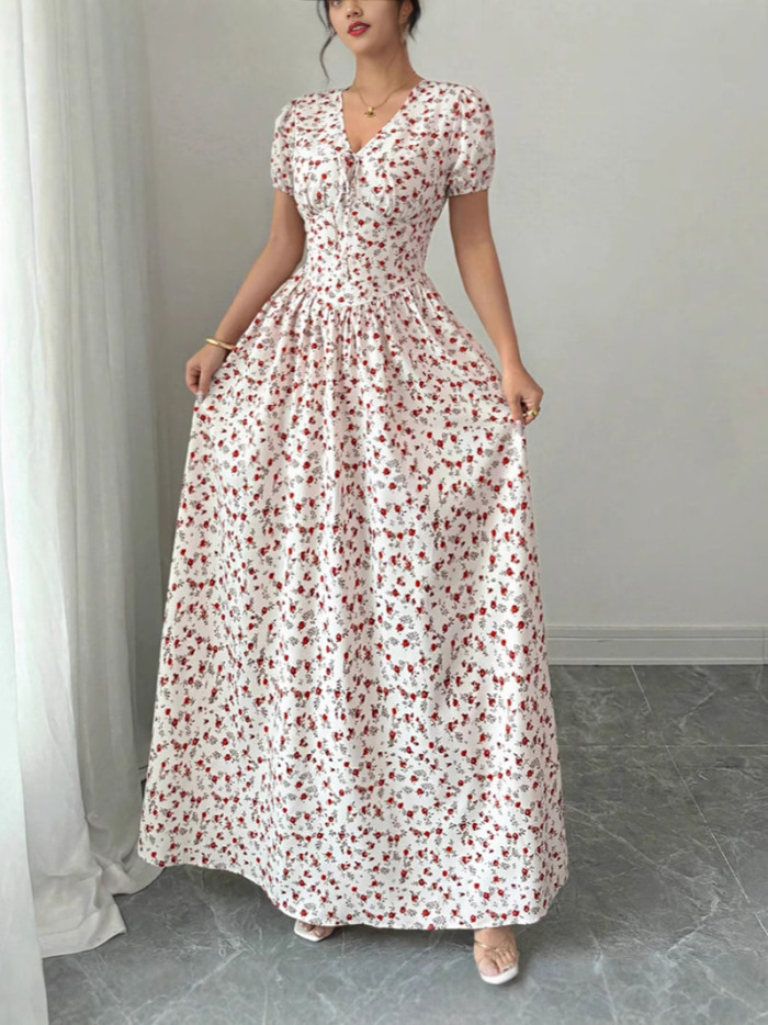 Floral Print V Neck Short Sleeve High Waist Pleated A-Line Swing Dress | Elegant Party Women Dress