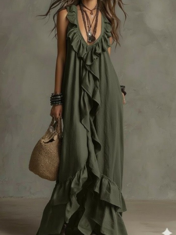 Solid Ruffle Sleeveless Loose Dress | Fashion Summer Women Casual Dress