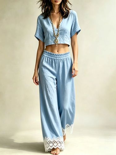 Lace Crop Top & Split Long Pants Two Piece Set | Casual Holiday Women Matching Outfit