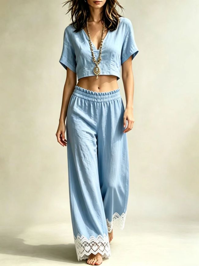 Lace Crop Top & Split Long Pants Two Piece Set | Casual Holiday Women Matching Outfit