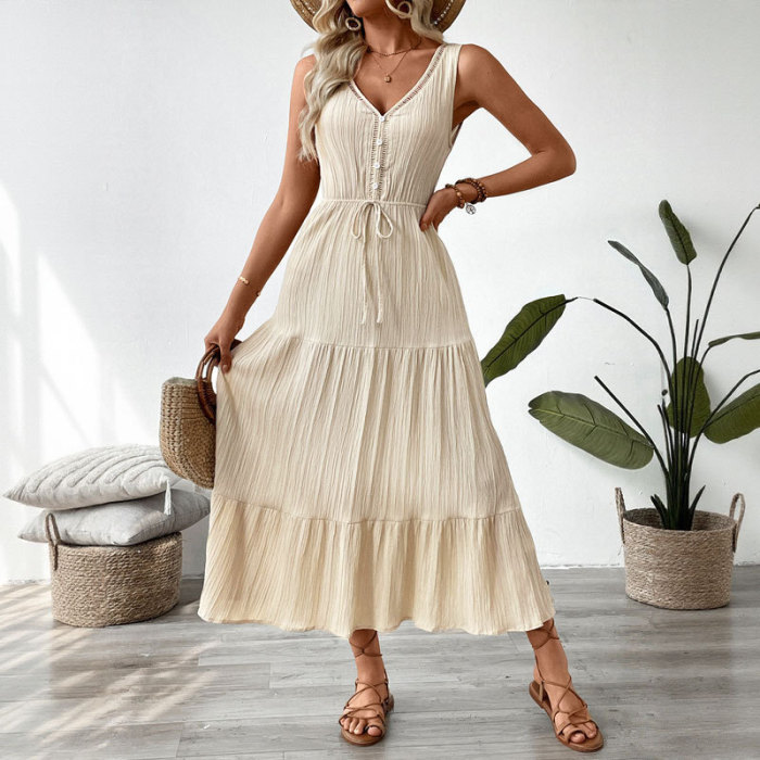 Solid Draped Backless Maxi Dress | Elegant Summer Beach Women Long Dress