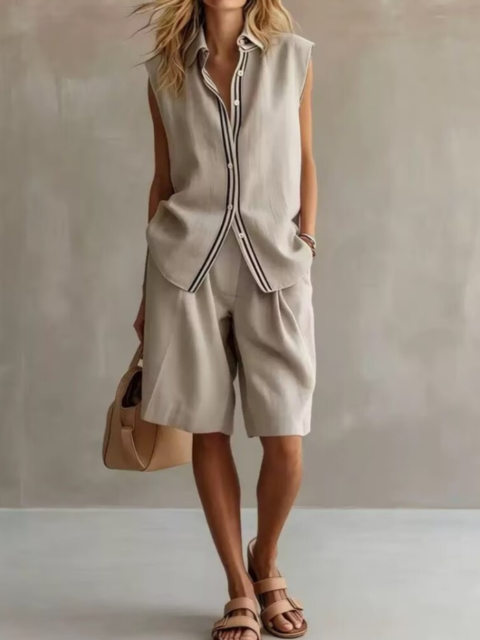 Color Block Lapel Sleeveless Linen Top & Shorts Two Piece Set | Summer Office Casual Women Outfit