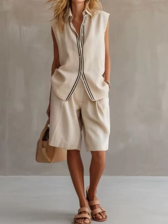 Color Block Lapel Sleeveless Linen Top & Shorts Two Piece Set | Summer Office Casual Women Outfit
