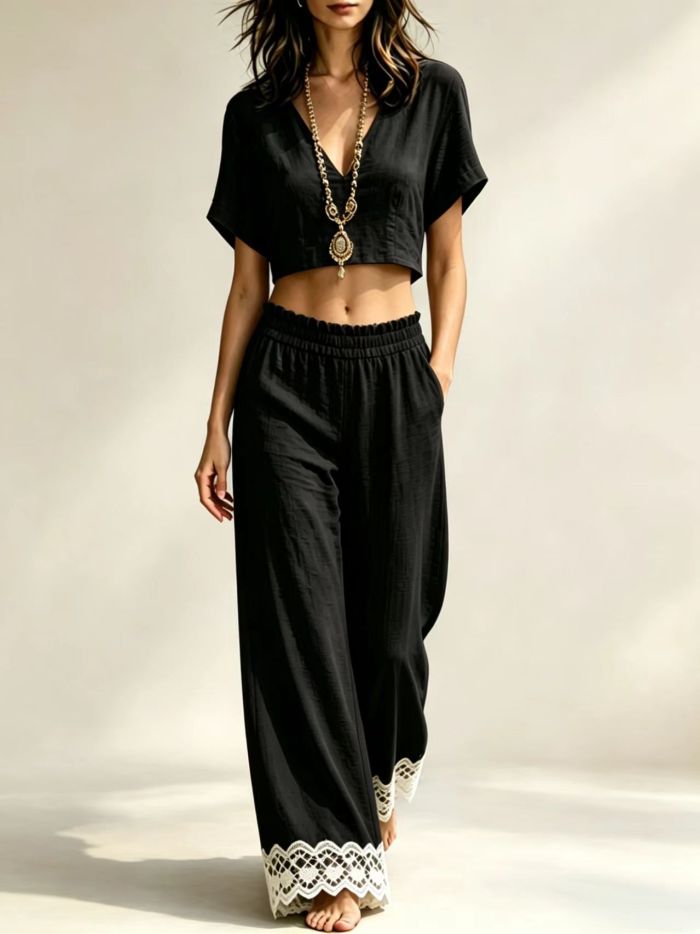 Lace Crop Top & Split Long Pants Two Piece Set | Casual Holiday Women Matching Outfit