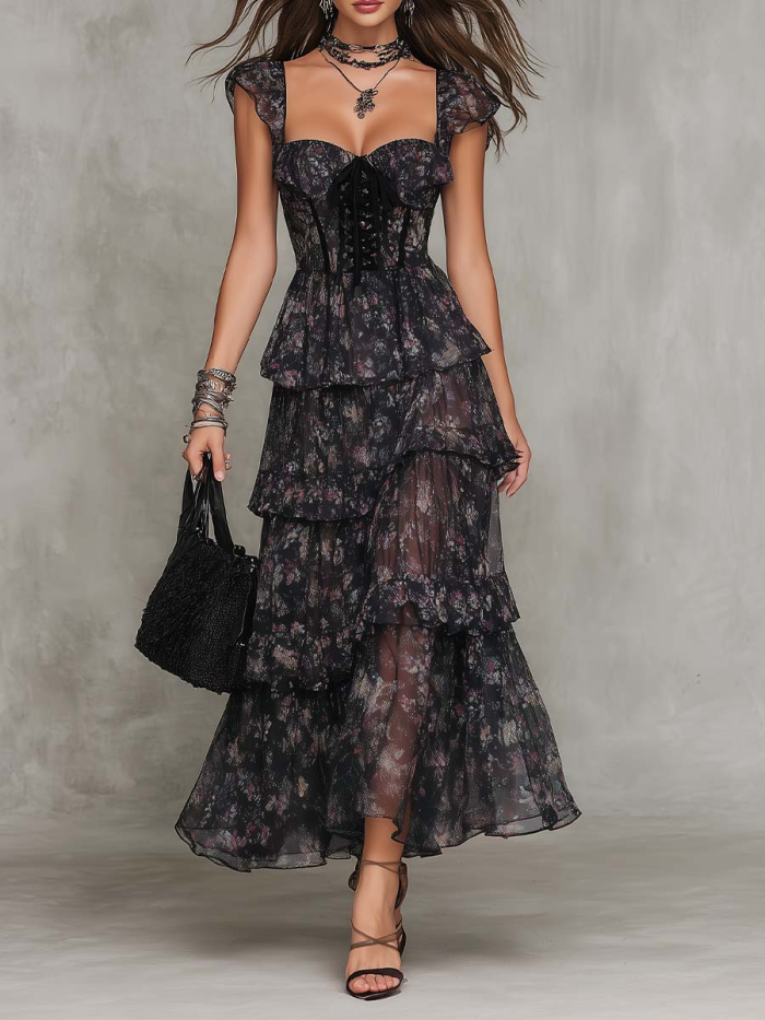 Gothic Floral Tiered Chiffon Maxi Dress With Corset Waist