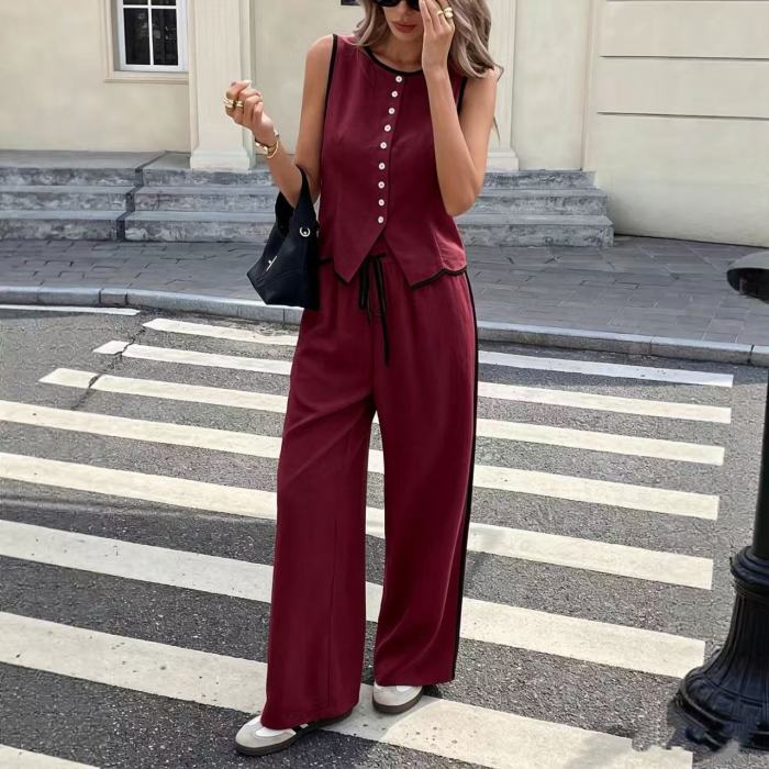 Solid Sleeveless V Neck Vest & High Waist Loose Pants Two Piece Set | Office & Street Summer Women Outfit