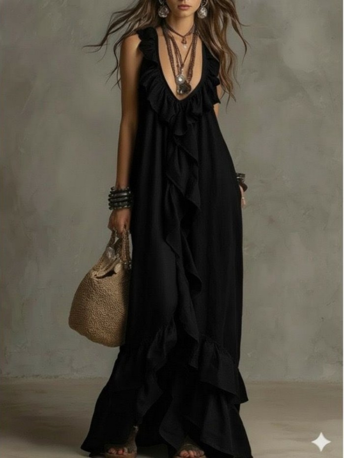 Solid Ruffle Sleeveless Loose Dress | Fashion Summer Women Casual Dress