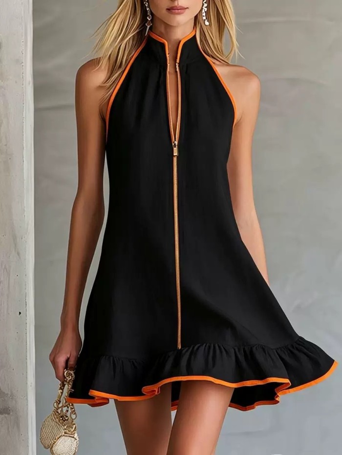 Striped Print Sleeveless Ruffled High Waist Zipper Mini Dress | Sweet Elegant Summer Beach Women Dress
