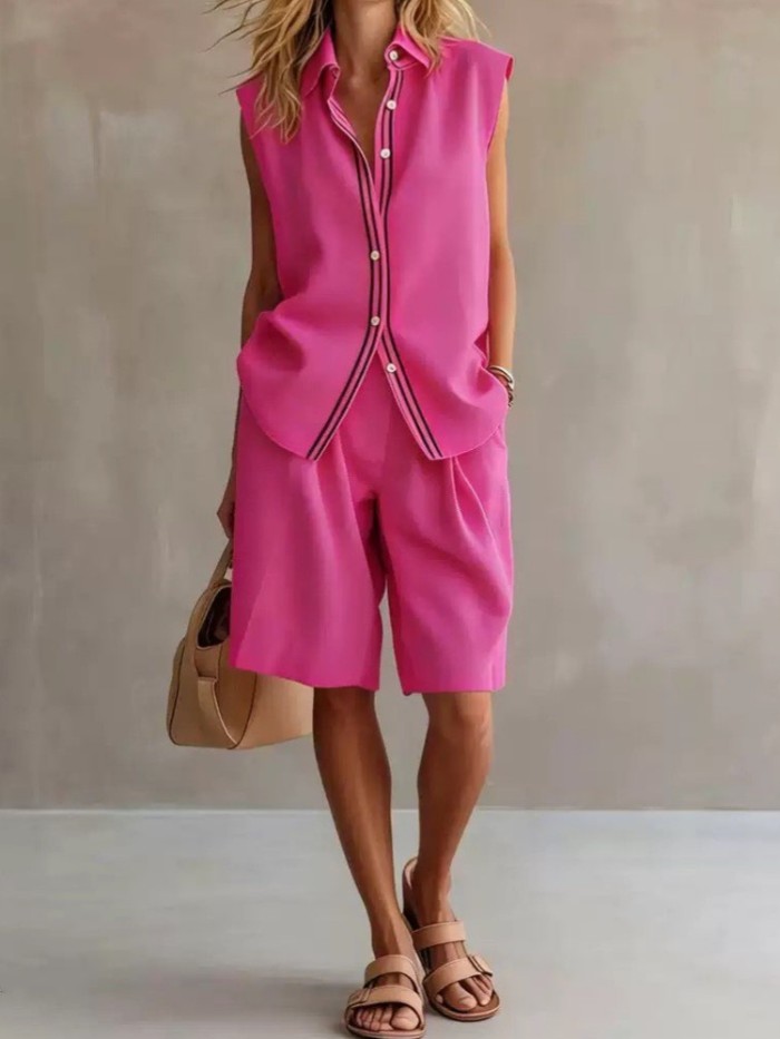 Color Block Lapel Sleeveless Linen Top & Shorts Two Piece Set | Summer Office Casual Women Outfit