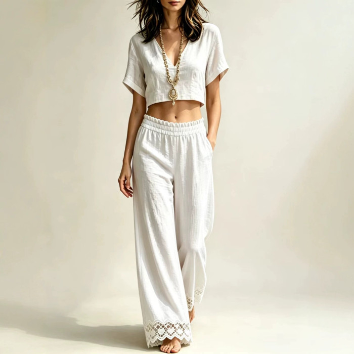 Lace Crop Top & Split Long Pants Two Piece Set | Casual Holiday Women Matching Outfit
