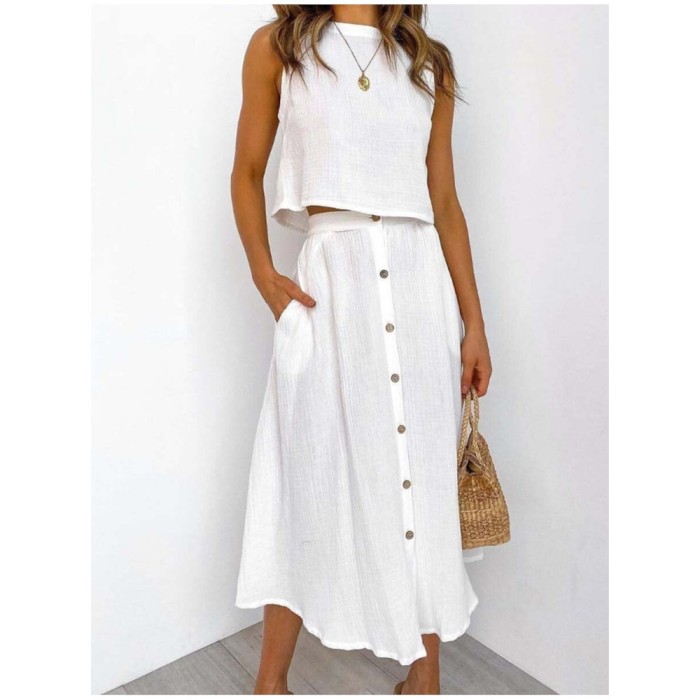 O-Neck Vest & Single-Breasted Midi Skirt Two Piece Set | Elegant Double-Layer Women Outfit