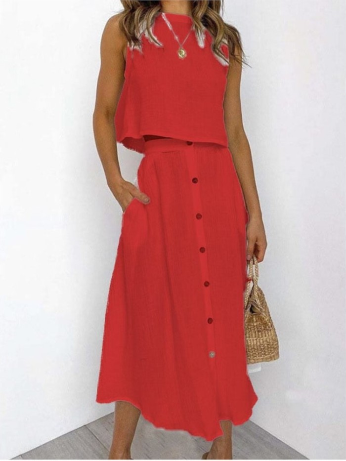 O-Neck Vest & Single-Breasted Midi Skirt Two Piece Set | Elegant Double-Layer Women Outfit