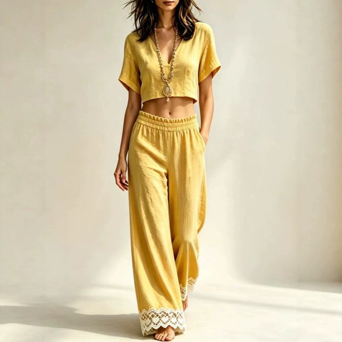 Lace Crop Top & Split Long Pants Two Piece Set | Casual Holiday Women Matching Outfit