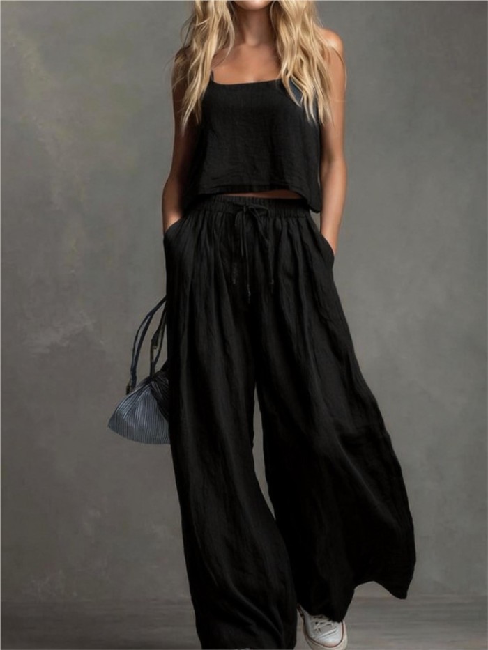 Suspender Top & Lace-Up Pocket Wide Leg Pants Two Piece Set | Summer Women Casual Suit