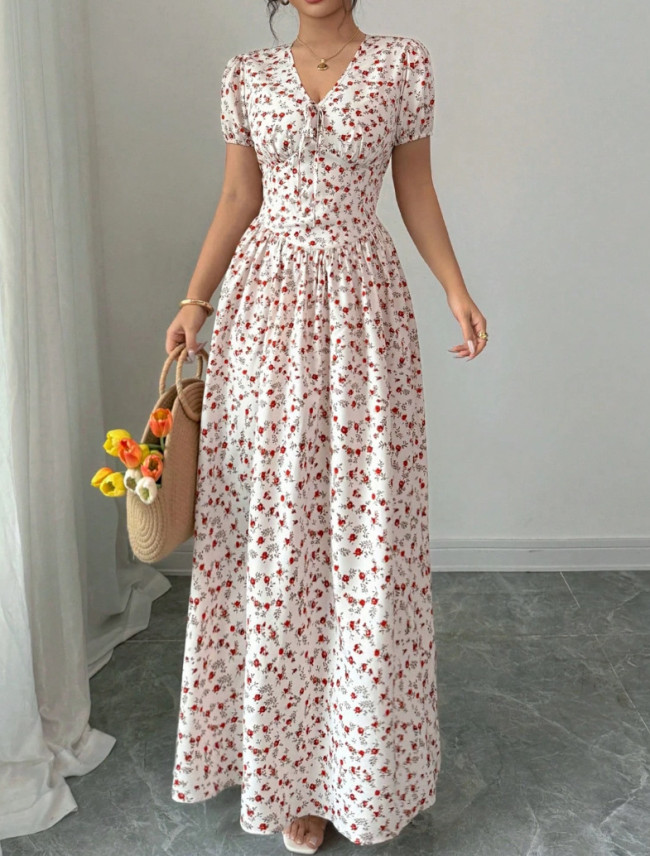 Floral Print V Neck Short Sleeve High Waist Pleated A-Line Swing Dress | Elegant Party Women Dress